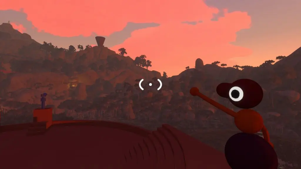 One Big Walk player points across the island while another player stands nearby